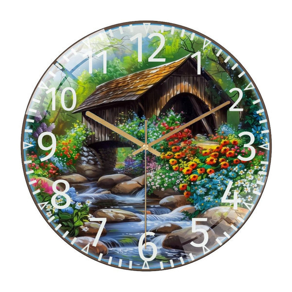 Decor Wall Clock: Covered Bridge Stream Glass Wall Clock,Creek  Country Decor Wall Clock  for Homes, Bars, Offices, Man Caves, Garages, And Living Rooms .Also Makes A Great Gift.