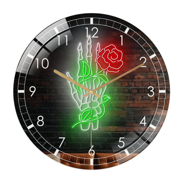 Decor Wall Clock: Skeleton Hand  Glass Wall Clock– Hallo-ween Skull Flower Wall Clock for Home Decor Wedding Gift Decor. Man Cave Hanging Door Housewarming Hall-oween Gift