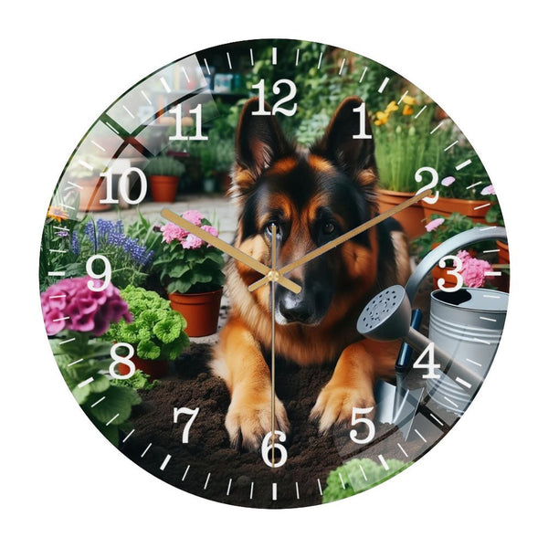 Decor Wall Clocks: German Shepherd Gardening  Glass Wall Clock ,Dog Lover . Pet Portrait Wall Clock  for Homes, Bars, Offices, Man Caves, Garages, And Living Rooms. .Also Makes A Great Gift.