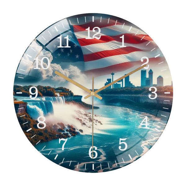 Decor Wall Clocks: Patriotic Niagara Falls  Glass Wall Clock, American Flag Patriotic Decor Wall Clock,   for Homes, Bars, Offices, Man Caves, Garages, And Living Rooms. Hallo Ween Gift .