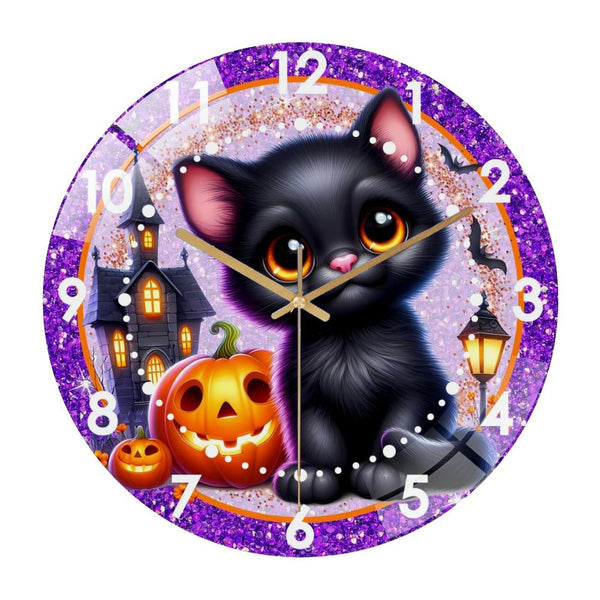 Decor Wall Clocks: Haunted House Hallo-ween Black Cat Wreath Glass Wall Clock  for Homes, Bars, Offices, Man Caves, Garages, And Living Rooms. Also Makes A Great Gift. Style 12×12inch(30×30cm)