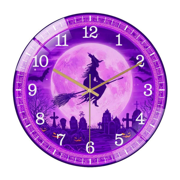 Decor Wall Clocks: Witch Flying on A Broom in Front of A Full Moon Glass Wall Clock,  Hallo Ween  Fall Decor Wall Clock  for Homes, Bars, Offices, Man Caves, Garages, And Living Rooms