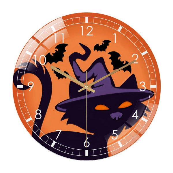 Decor Wall Clock: Hallo-ween Welcome Black Cat  Glass Wall Clock,Witch Hat Decor Wall Clock  for Homes, Bars, Offices, Man Caves, Garages, And Living Rooms .Also Makes A Great Gift.