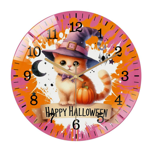 Decor Wall Clocks: Spooky Hallo Ween Kitty Sublimated Round Glass Wall Clock,  Hallo-ween Kitty Wall Clock  for Homes, Bars, Offices, Man Caves, Garages, And Living Rooms .