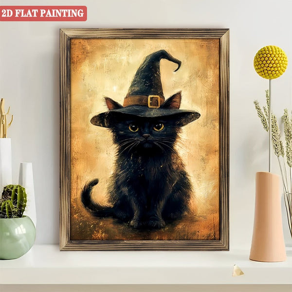 Room Decor Wood  Art Prints: Black Cat in Witch Hat Wood  Art Prints, Gothic Halloween- Academia Decor.for Living Room, Kitchen, Bedroom And Office.for Gift Home Wall Decor.  12x16inch