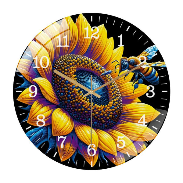 Vibrant Watercolor Sunflower  Glass Wall Clock, Blue Center And Bee Decor Wall Clock for Homes, Bars, Offices, Man Caves, Garages, And Living Rooms.