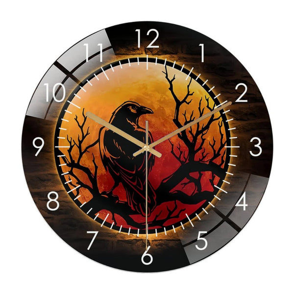Decor Wall Clocks: Raven On The Branch Glass Wall Clock， Crow With Blood Moon Glass Wall Clock，Home Decor Horror Bird Decoration Halloween Housewarming Gift Style 12×12inch(30×30cm)