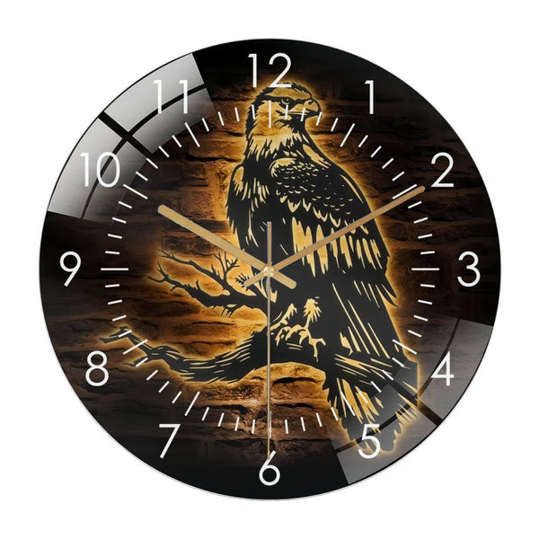Decor Wall Clocks: Eagle On The Branch Glass Wall Clock， Bald Eagle Glass Wall Clock， Home Decor Kid Nursery Decoration Man Cave Birthday Christmas Housewarming Gift Style 12×12inch(30×30cm)