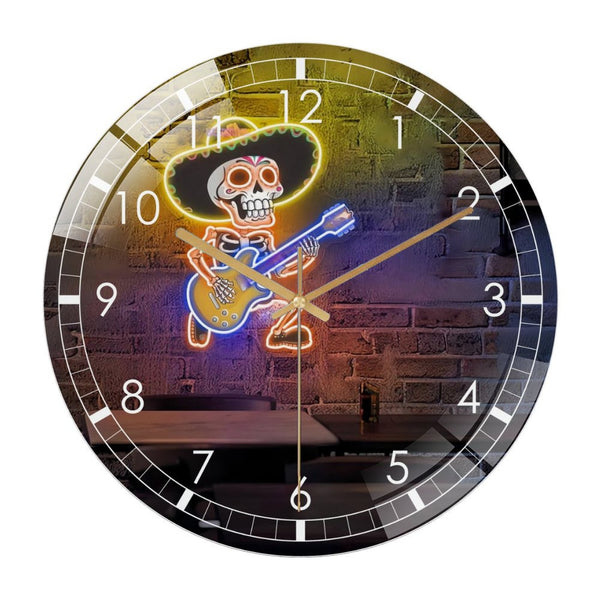Decor Wall Clock: Mexican Skull  Glass Wall Clock,Skeleton Guitar Decor Wall Clock for Home Decor Couple Hallo-ween Love Decoration Heart Skeleton Hand Halloween。homes, Bars, Offices, Man Caves,