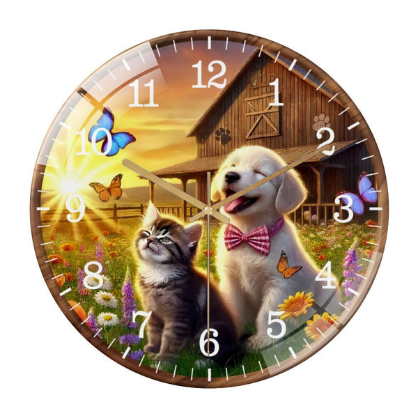 Decor Wall Clocks: Sunshine & Paw Prints  Glass Wall Clock，Rustic Farmhouse Dog And CatGlass Wall Clock for Homes, Bars, Offices, Man Caves, Garages, And Living Rooms. Also Makes A Great Gift.