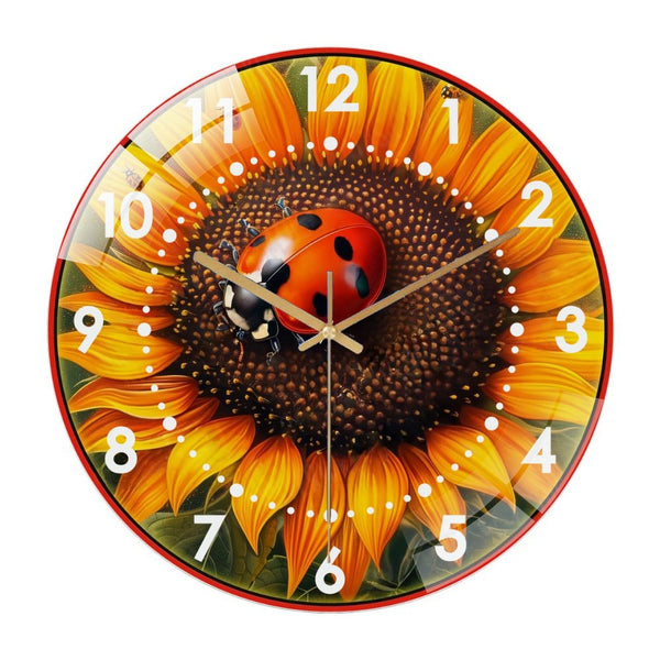 Decor Wall Clock: Lady-bug on A Sunflower Glass Wall Clock,  Ladybug Sunflower Ladybug  Wall Clock  for Homes, Bars, Offices, Man Caves, Garages, And Living Rooms .Also Makes A Great Gift.