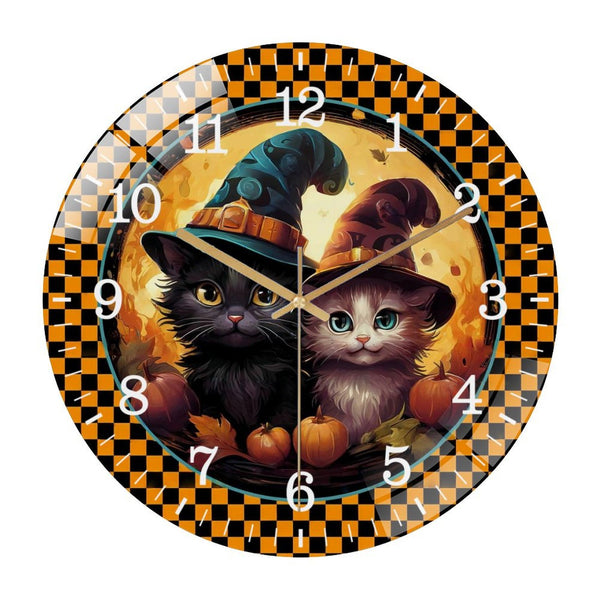 Decor Wall Clocks: Round Hallo-ween Black Cat Wreath Glass Wall Clock for Homes, Bars, Offices, Man Caves, Garages, And Living Rooms. Also Makes A Great Gift. Style 12×12inch(30×30cm)