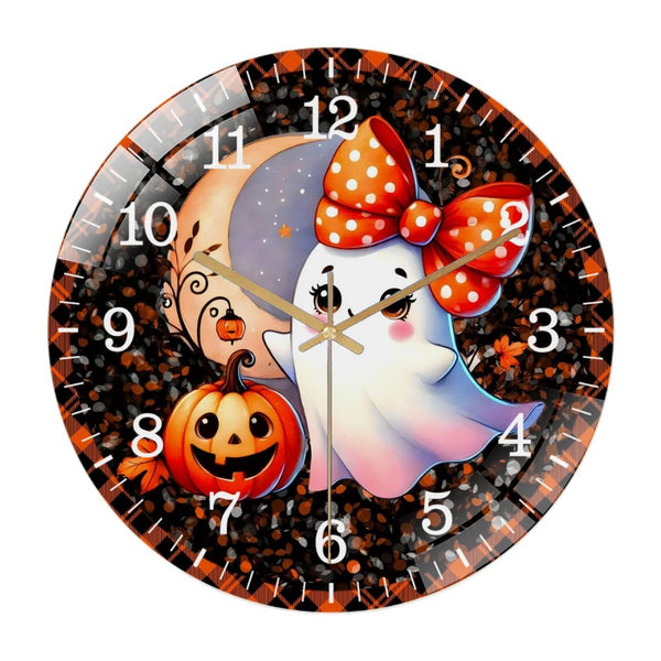 Decor Wall Clocks: Adorable Ghost with Pumpkin Round Glass Wall Clock .  Cute Hallo-ween Decor Wall Clock - Spooky Season Decoration Style 12×12inch(30×30cm)