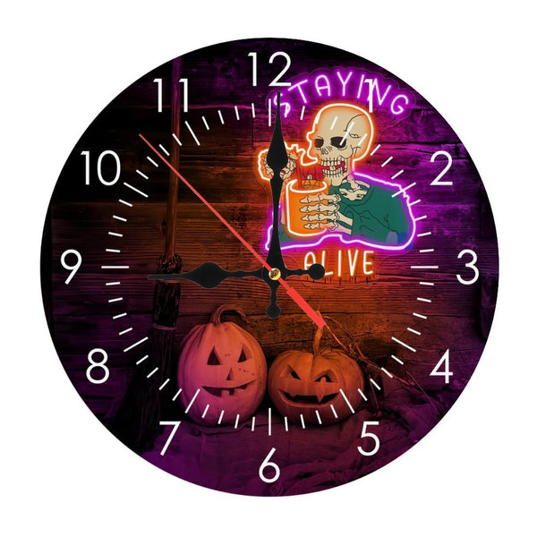 Decor Wall Clocks: Staying Alive Wood Wall Clocks, Skeleton Drinking Coffee Vintage Skull Wood Wall Clocks, Halloween Decor Halloween Gift Horror Decoration Gothic Home Decor  10×10inch(25×25cm)