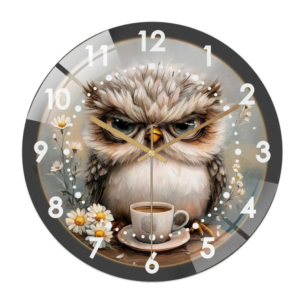 Decor Wall Clock: Grumpy- Owl  Coffee Glass Wall Clock,Owl Decor Wall Clock  for Homes, Bars, Offices, Man Caves, Garages, And Living Rooms .Also Makes A Great Gift. Style 12×12inch(30×30cm)