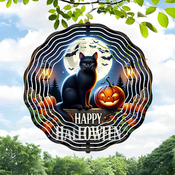 Funky Home Decor: Happy Halloween Black Cat Wind Chime , Jack O Lantern Wreath Wind Chime for Homes, Bars, Offices, Man Caves, Garages, And Living Rooms. Also Makes A Great Gift.