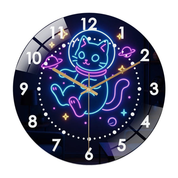 Decor Wall Clock: Astronaut Cat Glass Wall Clock – Floating Space Cat Wall Clock for Sci-Fi, Bedroom Or Cosmic Decor Style 12×12inch(30×30cm)