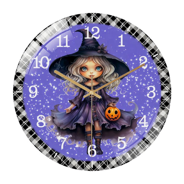 Decor Wall Clocks: Hallo-ween Trick Or Treater Witchy Girl  Glass Wall Clock, Cute Witch Girl Wall Clock for Homes, Bars, Offices, Man Caves, Garages, And Living Rooms. Also Makes A Great Gift.