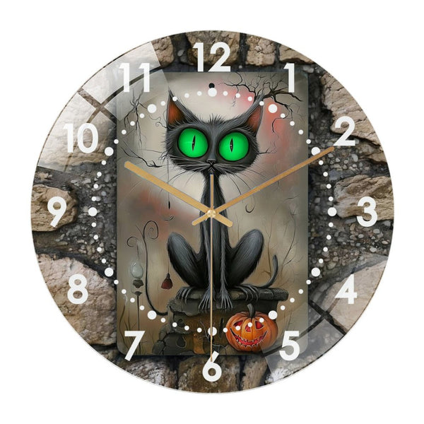 Decor Wall Clock: Black Cat with Green Eyes And Pumpkin Glass Wall Clock, Creepy Spooky  Decor Wall Clock  for Homes, Bars, Offices, Man Caves, Garages, And Living Rooms .