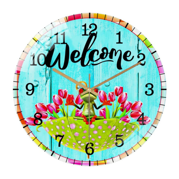 Decor Wall Clocks: Welcome Wreath Glass Wall Clock ，Round Frog   Wall Clock for Homes, Bars, Offices, Man Caves, Garages, And Living Rooms. Also Makes A Great Gift. Style 12×12inch(30×30cm)