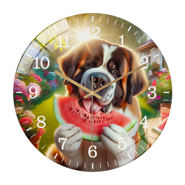 Decor Wall Clocks: Saint Bernard Eating Watermelon Glass Wall Clock ,Dog Lover  Wall Clock  for Homes, Bars, Offices, Man Caves, Garages, And Living Rooms. .Also Makes A Great Gift.