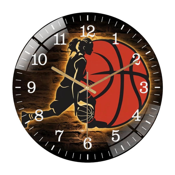 Decor Wall Clocks: Girl Basketball Glass Wall Clock,  Female Player  Lover  Wall Clock，  Home Decor Man Cave Sport Room Decoration Mother's Day Birthday Christmas. Style 12×12inch