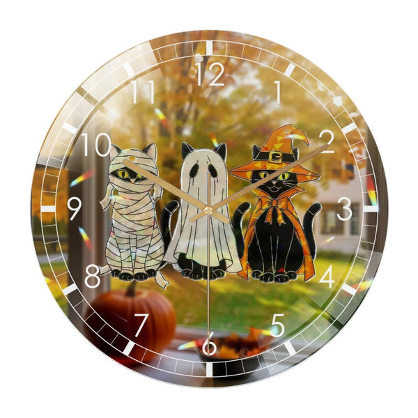 Decor Wall Clocks: Hallo-ween Trio Black Cats Glass Wall Clock – Mummy, Ghost, Witch Black Cats Wall Clock, Cute Spooky Fall Decor Gift, Cat Lovers Style 12×12inch(30×30cm)
