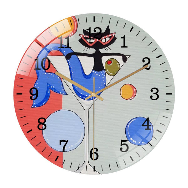 Decor Wall Clocks: Mid Century Happy Hour Mermaid Kitty in A Martini Glass Wall Clock, Mermaid Kitty  Wall Clock, Art for Cat Lovers Decor Wall Clock for Homes, Bars, Offices, Man Caves, Garages