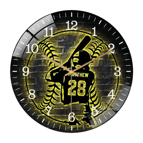 Decor Wall Clocks: Baseball Boy Player  Glass Wall Clock,  Softball Player Wall Clock， Home Decor, Ideal for Home Decor, Gift for Son Style 12×12inch(30×30cm)