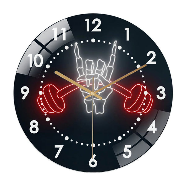 Decor Wall Clock: Lifting The Weight Skeleton Rock Hand  Glass Wall Clock,Dumbbell Hand Decor Wall Clock for Homes, Bars, Offices, Man Caves, Garages, And Living Rooms .Also Makes A Great Gift.
