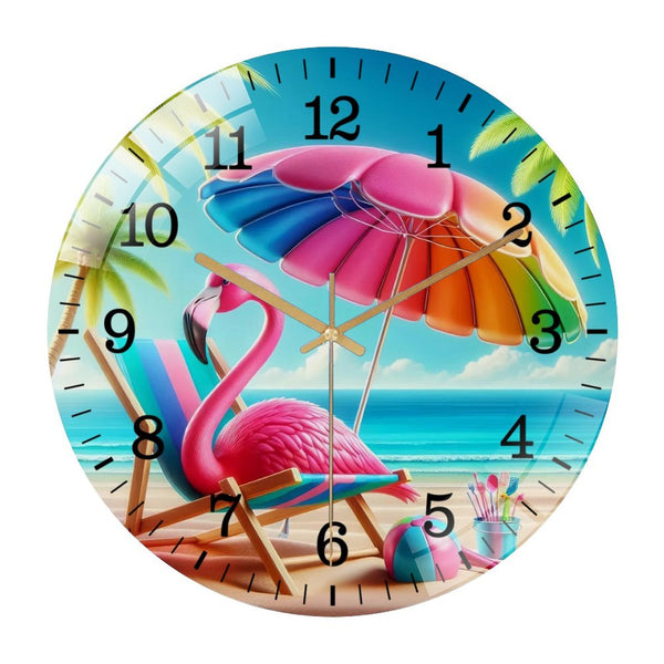 Decor Wall Clocks: Fla-mingo on The Beach Glass Wall Clock ,Palm Trees  Multicolor Wall Clock.Gift for Her for Homes, Bars, Offices, Man Caves, Garages, And Living Rooms. for Your Home Or Gift