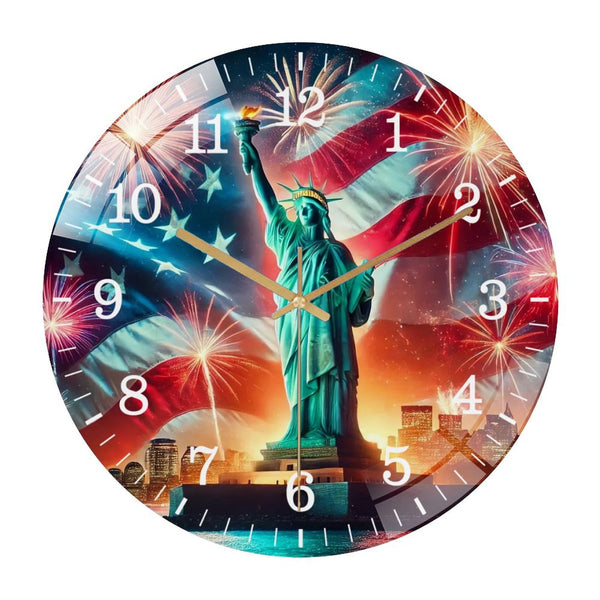 Decor Wall Clocks: Statue of Liberty New York Sky Line Glass Wall Clock, Patriotic Decor Wall Clock,   for Homes, Bars, Offices, Man Caves, Garages, And Living Rooms. Hallo Ween Gift .