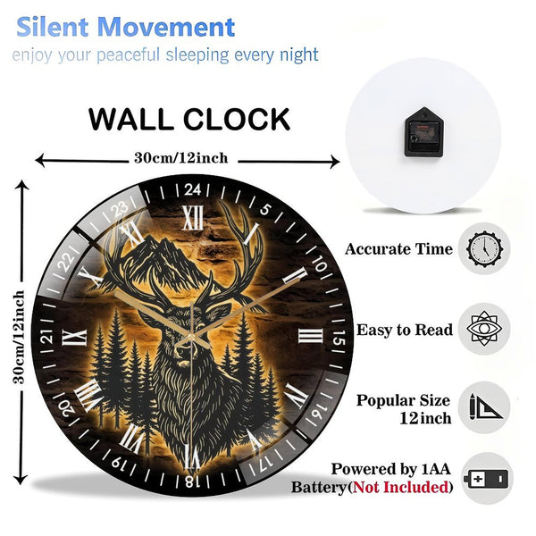 Decor Wall Clocks: Deer In Mountain Forest Glass Wall Clock,Home Decor Antler Cabin Decoration Wall Clock, for Homes, Bars, Offices, Man Caves, Garages, And Living Rooms. Halloween Nursery Decoration