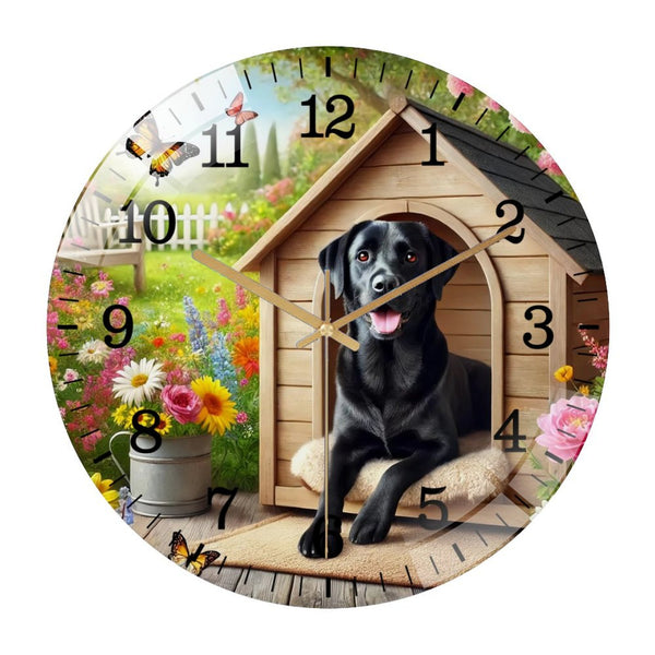 Decor Wall Clocks: Black Labrador in Dog House Glass Wall Clock ,Dog Lover  Wall Clock  for Homes, Bars, Offices, Man Caves, Garages, And Living Rooms. .Also Makes A Great Gift.