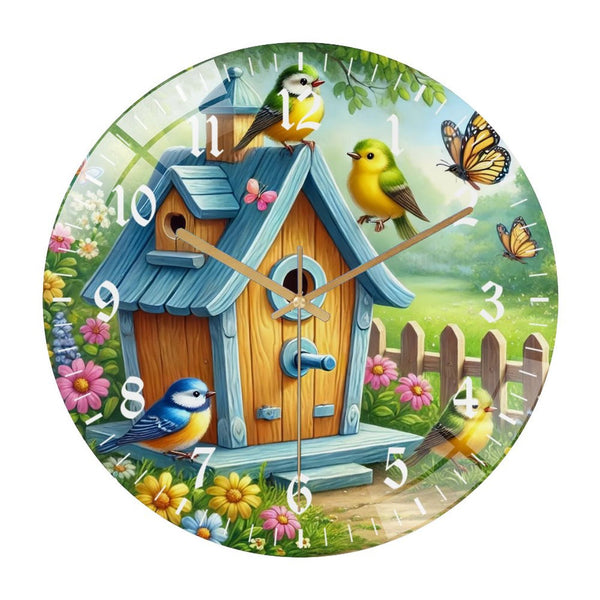 Decor Wall Clocks: Bird Charming Birdhouse Glass Wall Clock, Bird Wall Clock, Springtime Flowers  Bird Lover ,Housewarming Gift  for Homes, Bars, Offices, Man Caves, Garages, And Living Rooms.