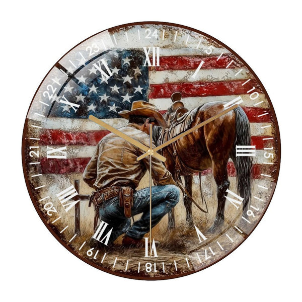 Decor Wall Clocks: Cowboy And Horse with Flag  Glass Wall Clock,  Patriotic Cowboy Decor Wall Clock  for Homes, Bars, Offices, Man Caves, Garages, And Living Rooms. Style 12×12inch(30×30cm)