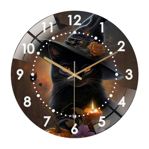 Decor Wall Clock: Witchy Black Cat with Candle Pumpkin  Glass Wall Clock, Halloween-  Cat  Decor Wall Clock  for Homes, Bars, Offices, Man Caves, Garages, And Living Rooms .