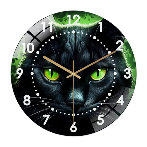 Decor Wall Clock: Black Cat Face Glass Wall Clock,Black Cat Hall-ween  Decor Wall Clock  for Homes, Bars, Offices, Man Caves, Garages, And Living Rooms .Also Makes A Great Gift.
