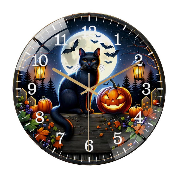 Decor Wall Clocks: Happy Halloween Black Cat Glass Wall Clock , Jack O Lantern Wreath Glass Wall Clock for Homes, Bars, Offices, Man Caves, Garages, And Living Rooms. Also Makes A Great Gift.