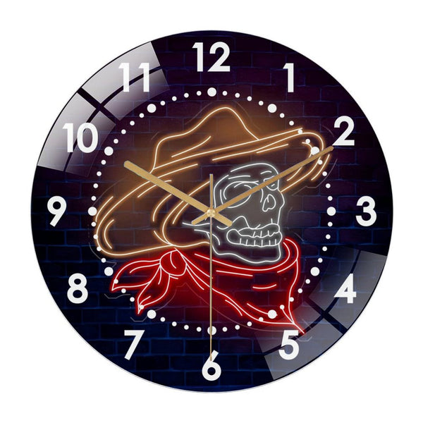 Decor Wall Clock: Cowboy Skeleton Glass Wall Clock– Grim Reaper Art, Hallo-ween Decor, Horror House  Wall Clock for Haunted House & Party Decor for Homes, Bars, Offices, Man Caves, Garages