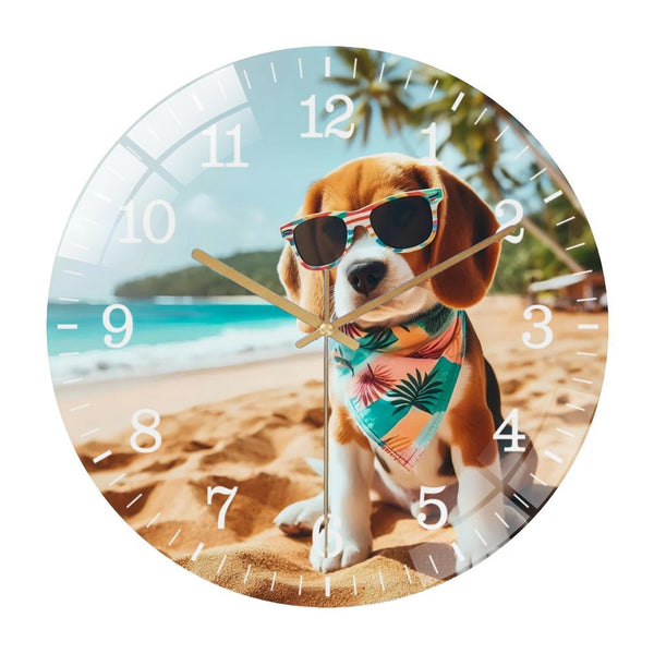 Decor Wall Clocks: Bandana Beagle on The Beach  Glass Wall Clock ,Dog Lover  Wall Clock  for Homes, Bars, Offices, Man Caves, Garages, And Living Rooms. .Beach Theme Style 12×12inch(30×30cm)