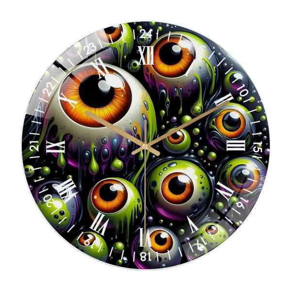 Decor Wall Clock: Neon Monster- Eyes Happy Halloween- Glass Wall Clock, Monster- Eyes  Decor Wall Clock for Homes, Bars, Offices, Man Caves, Garages, And Living Rooms .Also Makes A Great Gift.