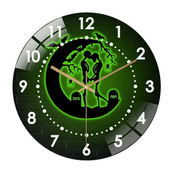 Decor Wall Clock: Skeleton Couple  Glass Wall Clock– Skeleton Wedding Skull Lovers Wall Clock for   Home Decor Wedding Gift Decor. Man Cave Hanging Door Housewarming Hallo-ween Gift