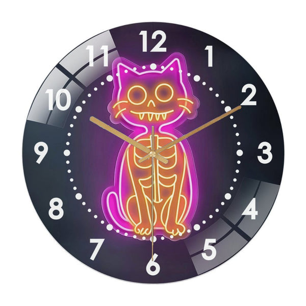 Decor Wall Clock: Spooky Skeleton Cat  Glass Wall Clock– Fun Kitten Hallo-ween Wall Clock for Home Decor Wedding Gift Decor. Man Cave Hanging Door Housewarming Hall-oween Gift Style 12×12inch(30×30cm)