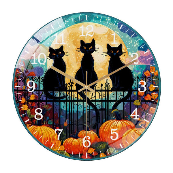 Decor Wall Clocks: 3 Black Cats on A Fence Wreath Glass Wall Clock，Pumpkin Cat Wall Clock for Homes, Bars, Offices, Man Caves, Garages, And Living Rooms. Also Makes A Great Gift.