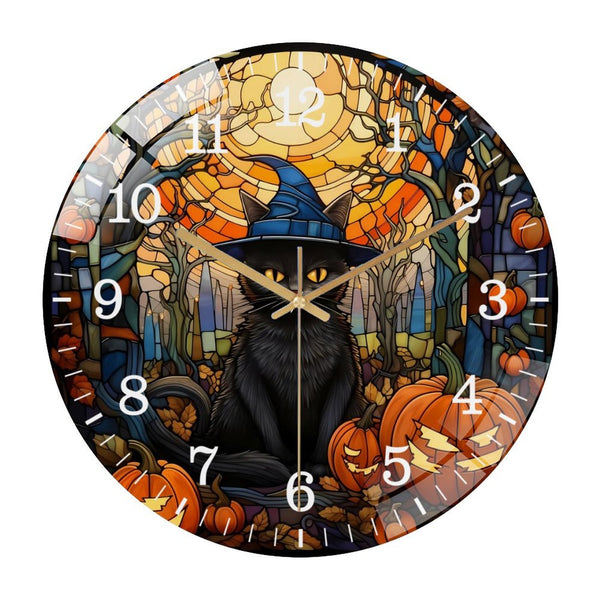 Decor Wall Clocks: Black Cat with Jack-O-Lanterns Halloween  Glass Wall Clock，cat Lover Halloween Gift Decor Wall Clock for Homes, Bars, Offices, Man Caves, Garages, And Living Rooms.