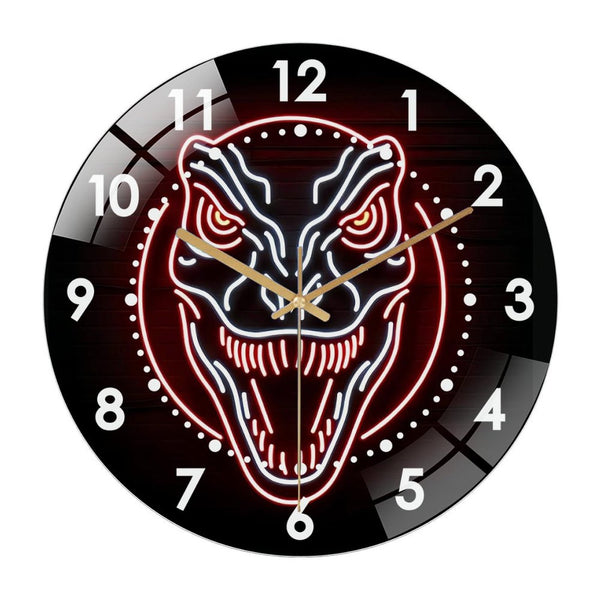 Decor Wall Clock: Dinosaur Skull  Glass Wall Clock– Colorful Dinosaur Head- Glass Wall Clock for Haunted House & Party Decor for Homes, Bars, Offices, Man Caves, Garages, And Living Rooms