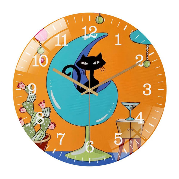 Decor Wall Clocks: Mid Century Modern Cat  Black Cat Glass Wall Clock, Atomic Kitty Art Wall Clock, Art for Cat Lovers Decor Wall Clock for Homes, Bars, Offices, Man Caves, Garages, And Living Rooms.