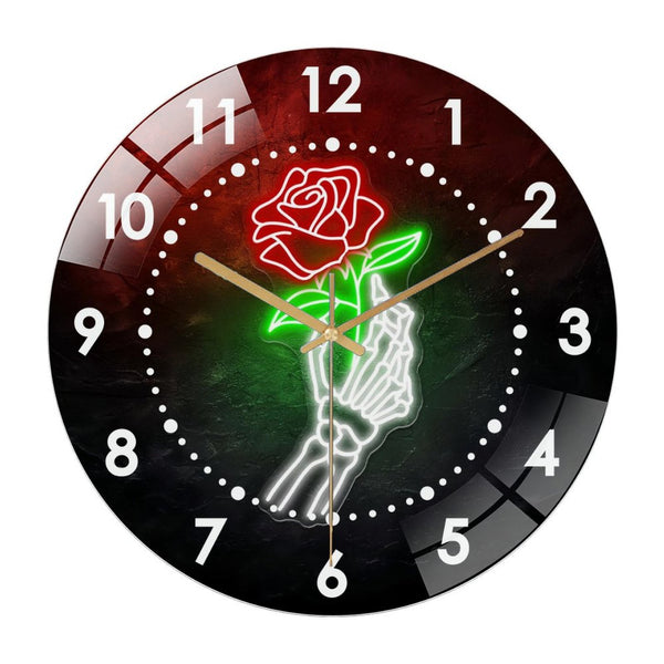 Decor Wall Clock: Skeleton Holding Rose Glass Wall Clock– Rose Flower Wall Clock for Home Decor Wedding Gift Decor. Man Cave Hanging Door Housewarming Hall-oween Gift .Wall Art Decor