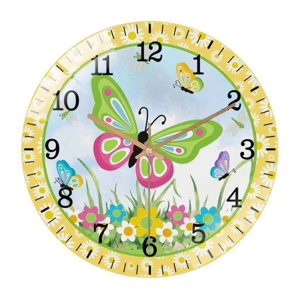 Decor Wall Clocks: Yellow Spring Butterfly Glass Wall Clock ，Round Spring Summer Butterfly  Wall Clock for Homes, Bars, Offices, Man Caves, Garages, And Living Rooms. Also Makes A Great Gift.